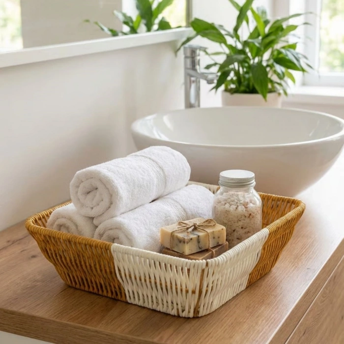 Kare Çift Renkli Plastik Rattan Ekmek ve Meyve Sepeti - Çok Amaçlı Banyo ve Mutfak Düzenleyici - Yıkanabilir Tezgâh Üstü Organizer (4940)