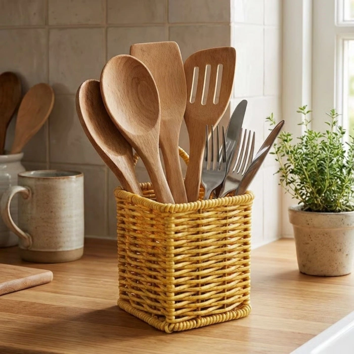 Kare Hasır Dokulu Plastik Rattan Kaşıklık &amp; Çatallık – Askılı Kendiliğinden Tutmalı Çok Amaçlı Mutfak Organizeri (4940)