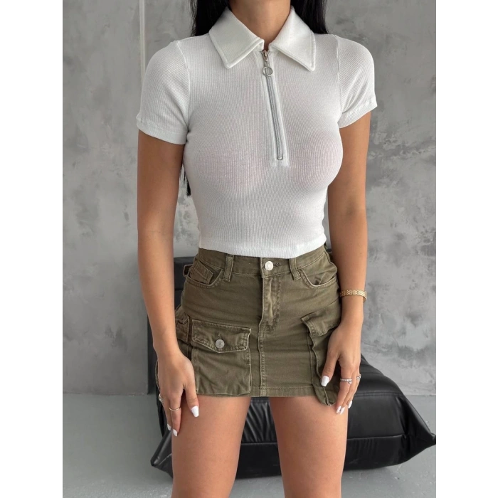 kaşkorse yaka fermuarlı bluz beyaz