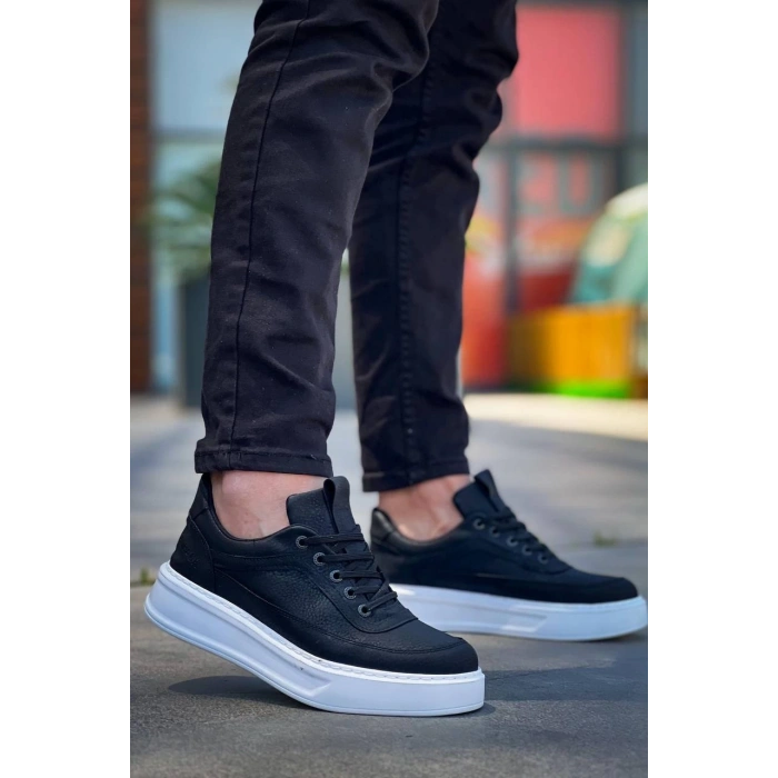 KB-006 Kuback Siyah Cilt Yüksek Taban Bağcıklı Günlük Erkek Ayakkabı