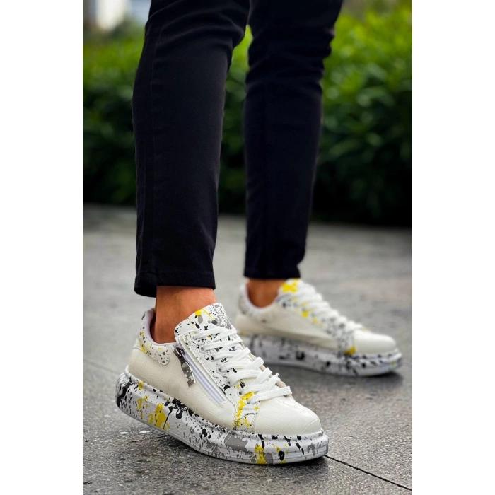 KB-02  Kuback  Bağcıklı Crocodile Beyaz Sarı Günlük Erkek Ayakkabı