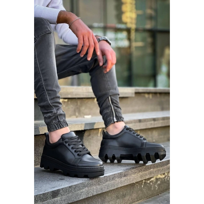 KB-056 Kuback Siyah Cilt Siyah Yüksek Taban Günlük Spor Ayakkabı