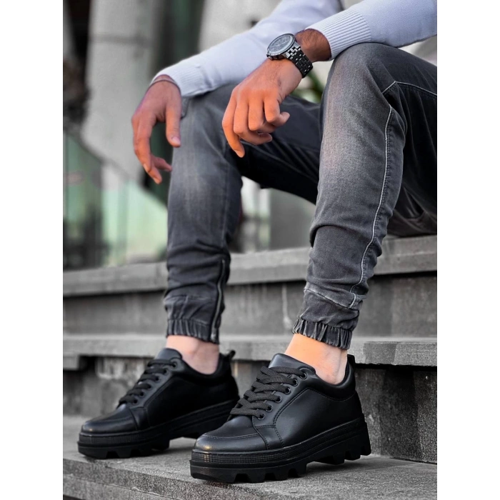 KB-056 Kuback Siyah Cilt Siyah Yüksek Taban Günlük Spor Ayakkabı