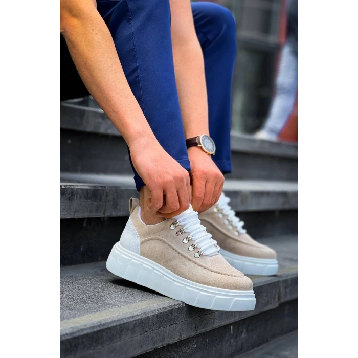 KB-X10 Kuback Bej Süet Beyaz Yüksek Taban Günlük Spor Ayakkabı