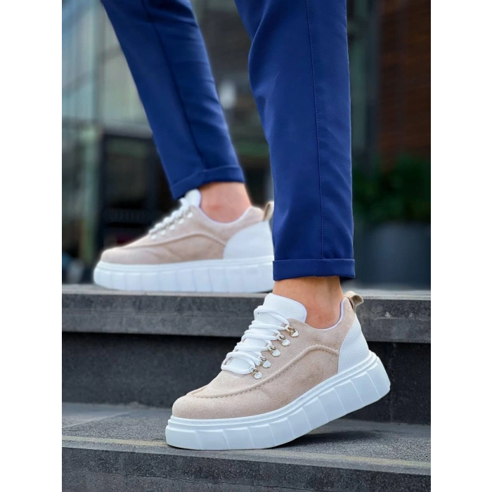 KB-X10 Kuback Bej Süet Beyaz Yüksek Taban Günlük Spor Ayakkabı