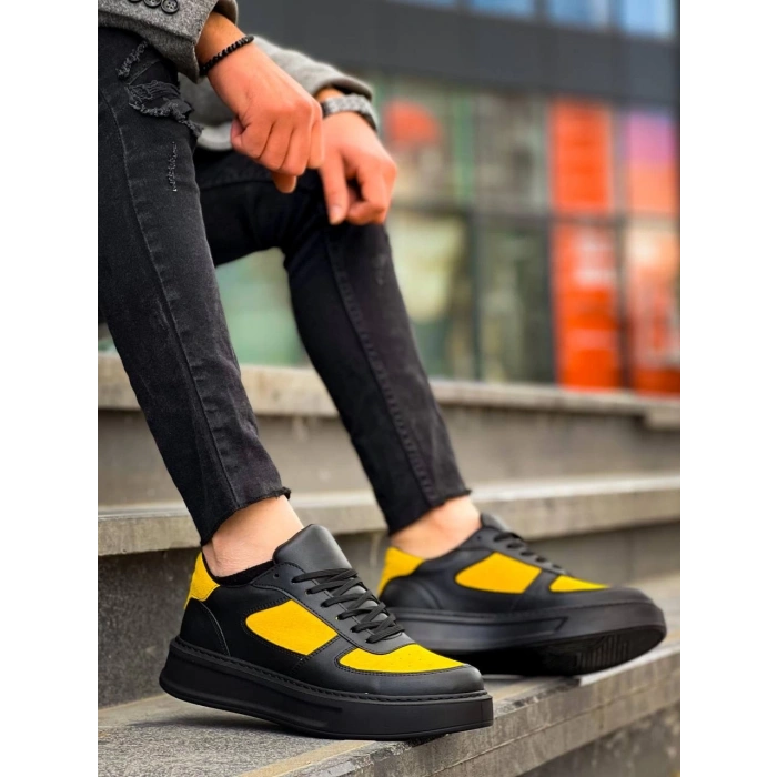 KB-X8 Kuback Siyah Sarı Cilt Yüksek Taban Günlük Spor Ayakkabı