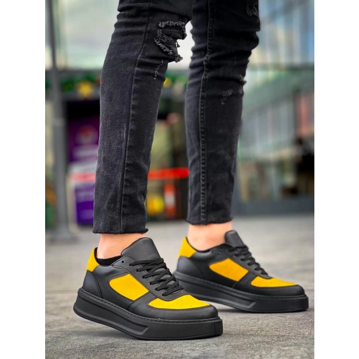 KB-X8 Kuback Siyah Sarı Cilt Yüksek Taban Günlük Spor Ayakkabı