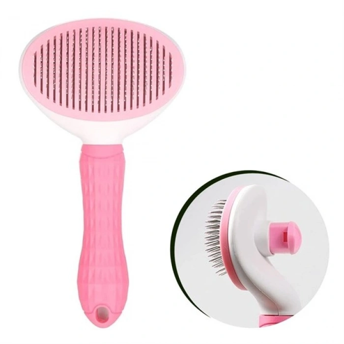 Kedi Köpek Tüy Toplayıcı Kendini Temizleyebilen Ergonomik Saplı Evcil Hayvan Tarağı Pembe (4940)