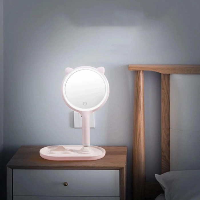 Kedi Kulaklı Telefon Standlı Yuvarlak Dokunmatik Led Ayarlı Masa Üstü Makyaj Aynası (4940)
