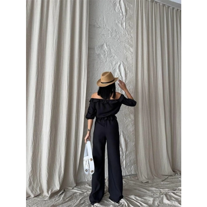 KETEN MADONNA YAKA KOL HASIR ŞERİT - PANTOLON TAKIM - Siyah