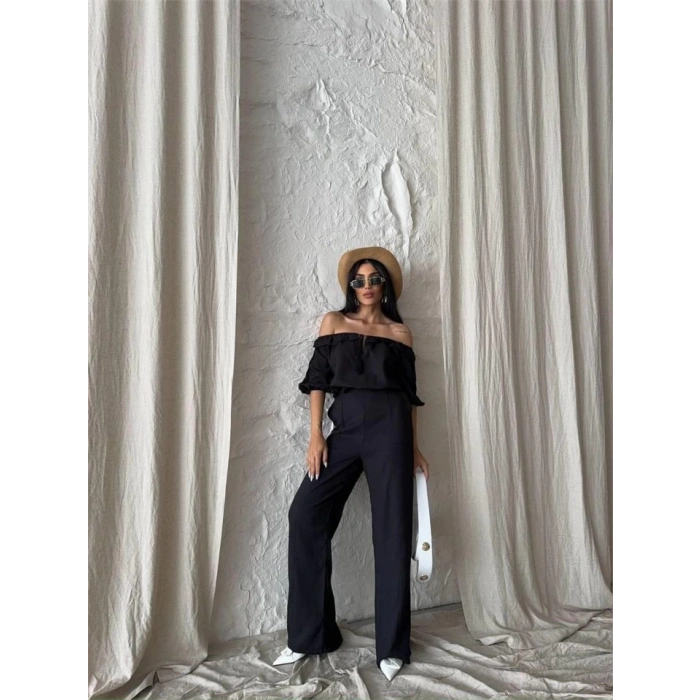 KETEN MADONNA YAKA KOL HASIR ŞERİT - PANTOLON TAKIM - Siyah