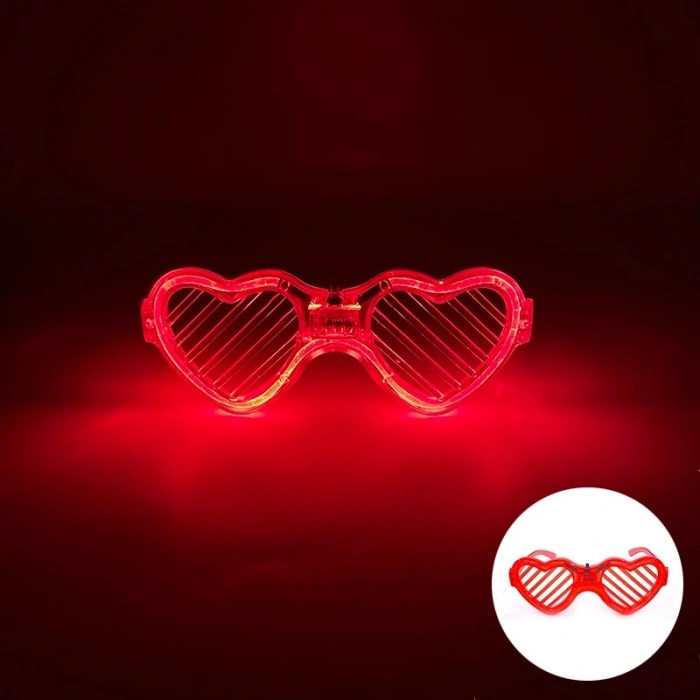 Kırmızı LED Işıklı Kalp Gözlük – 3 Modlu Parti - Glow Gözlüğü (4940)