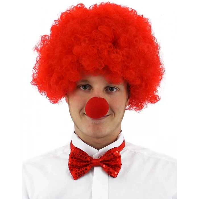 Kırmızı Renk Kıvırcık Afro Bonus Peruk Takma Saç ve Kırmızı Burun Seti (4940)