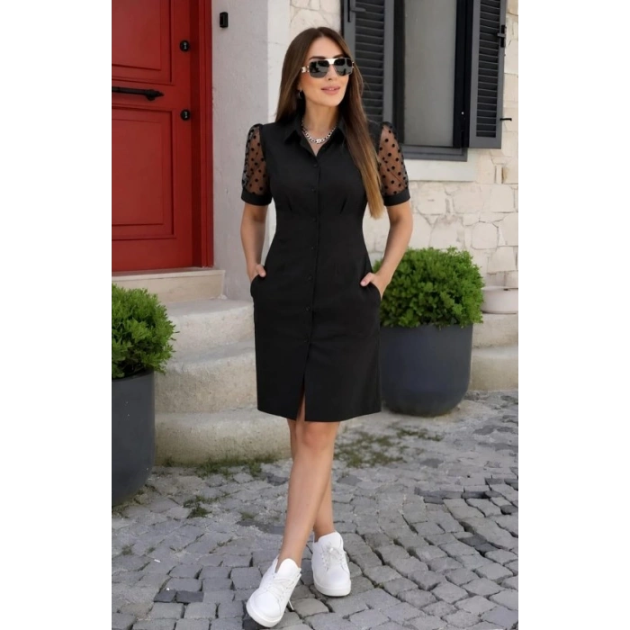 Kısa Kollu Yakalı önden Düğmeli Kısa Ithal Krep Elbise