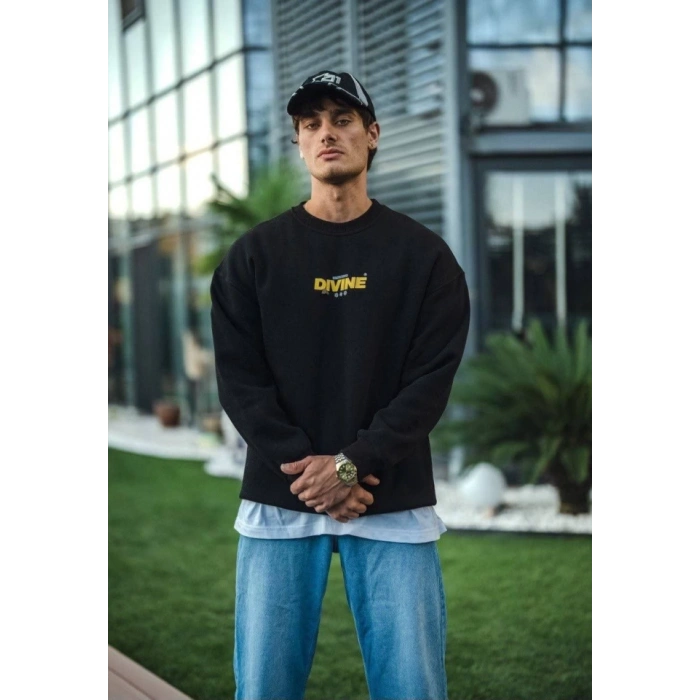 Kışlık Bisiklet Yaka Baskılı SweatShirt - Siyah