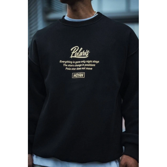 Kışlık Bisiklet Yaka Ön Ve Arka Baskılı SweatShirt - Siyah