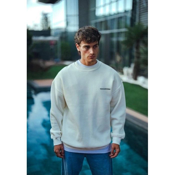 Kışlık Bisiklet Yaka Oversize Baskılı SweatShirt - Beyaz
