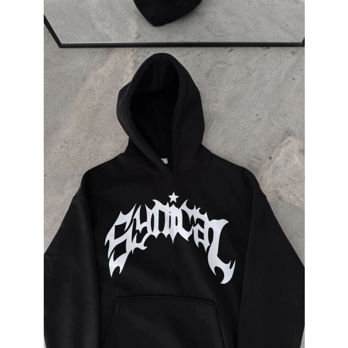 Kışlık Kapşonlu Baskılı Oversize SweatShirt- Siyah