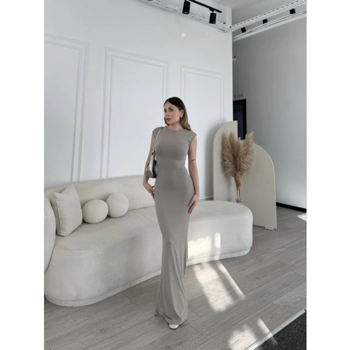 Kolsuz Uzun Likralı Elbise - Gri