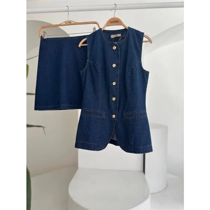 Kolsuz Yelekli Mini Etekli Denim Takım 10164