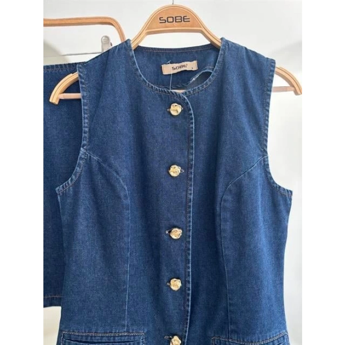 Kolsuz Yelekli Mini Etekli Denim Takım 10164