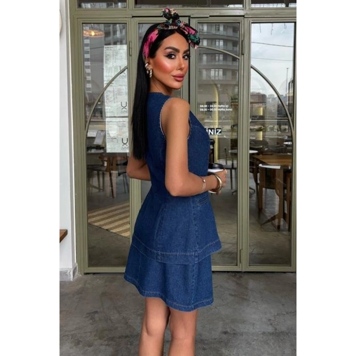 Kolsuz Yelekli Mini Etekli Denim Takım 10164