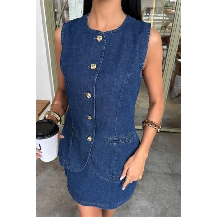 Kolsuz Yelekli Mini Etekli Denim Takım 10164