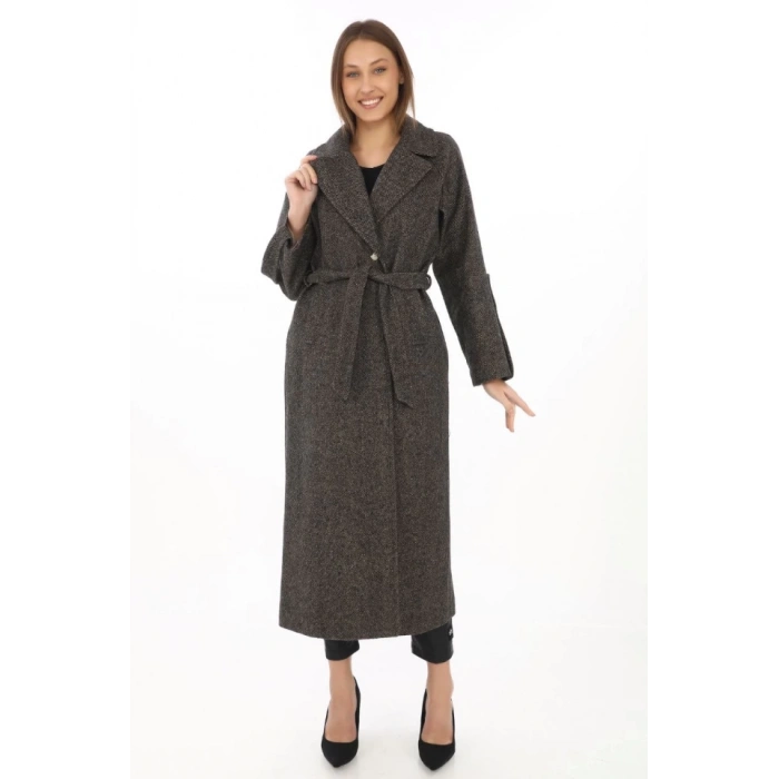 Kolu Apoletli Astarlı Kaşmir Kaşe Kaban - Füme