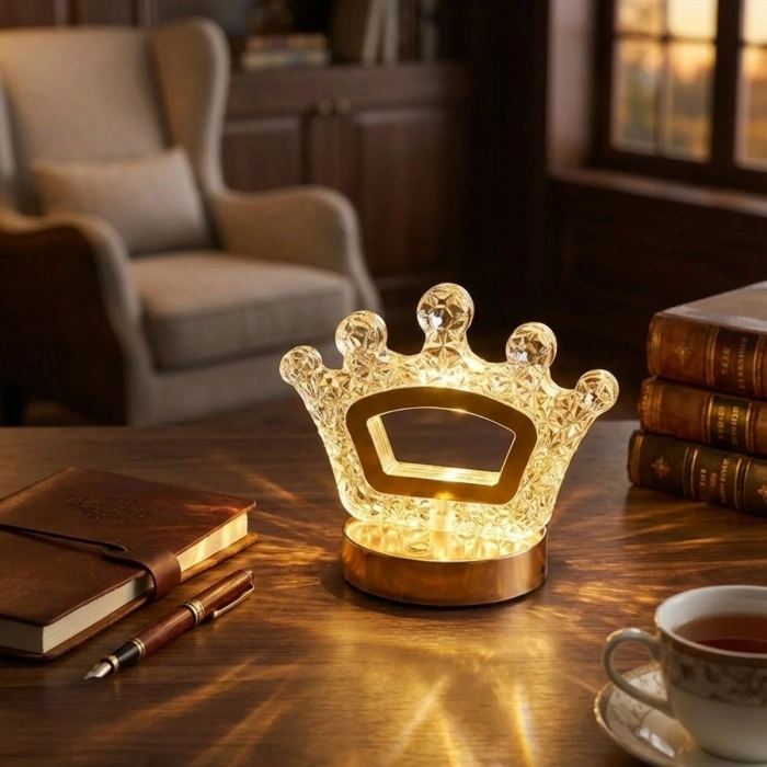 Kral Tacı Model Kristal LED Masa Lambası – Dokunmatik, 3 Renk Işık Modlu, Şarjlı Mini Dekoratif Gece Lambası (4940)