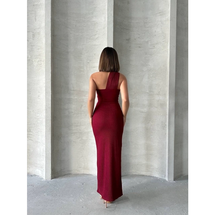 Krinkıl tek omuz uzun elbise bordo s25455