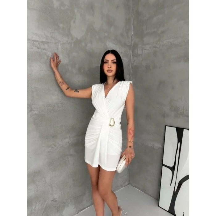 Kruvaze Drapeli Tokalı Mini Elbise Şık Gece Davet Abiye - Beyaz