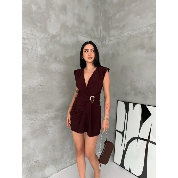 Kruvaze Drapeli Tokalı Mini Elbise Şık Gece Davet Abiye - Kahverengi