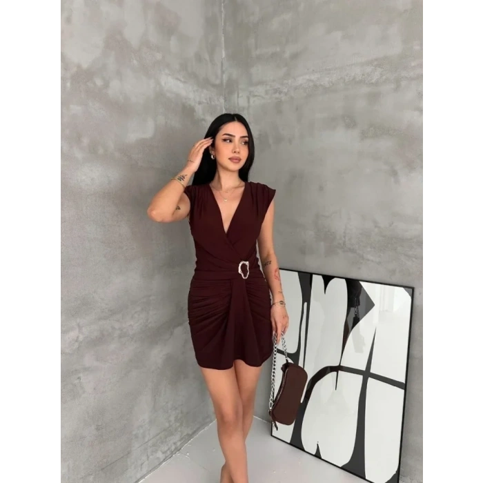 Kruvaze Drapeli Tokalı Mini Elbise Şık Gece Davet Abiye - Kahverengi