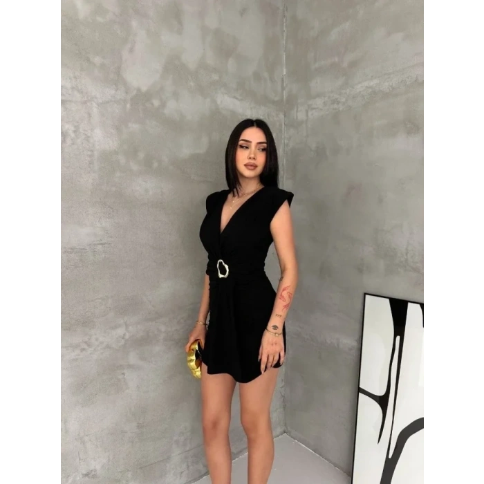 Kruvaze Drapeli Tokalı Mini Elbise Şık Gece Davet Abiye - Siyah