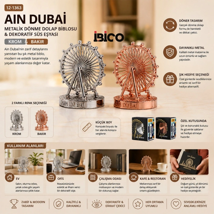 KÜÇÜK AIN DUBAİ METALİK DÖNME DOLAP BİBLOSU - DEKORATİF SÜS EŞYASI KROM - BAKIR (4940)