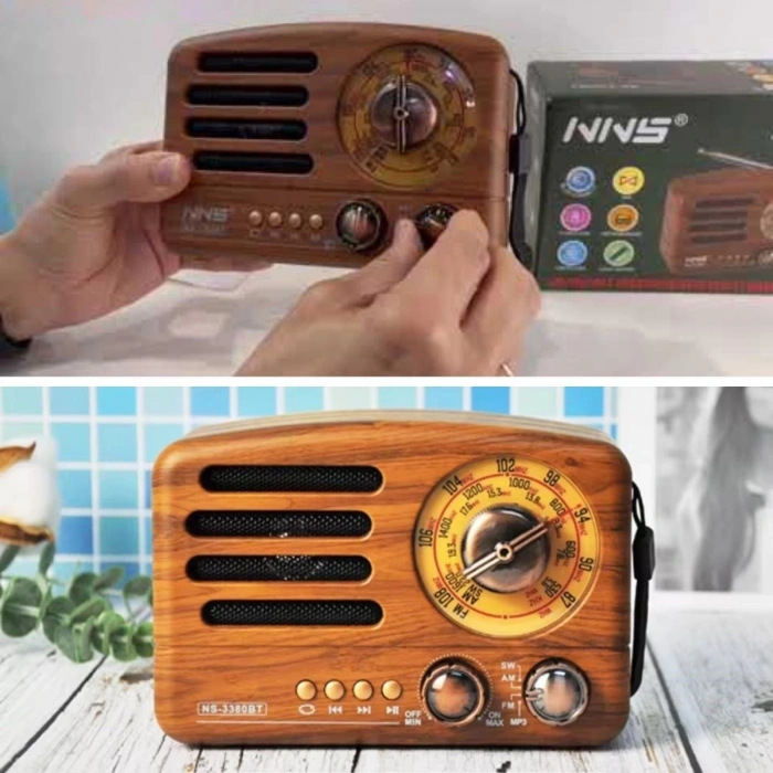 Küçük Boy Retro, Nostaljik, Ahşap Tasarım Bluetooth Hoparlörlü, Şarjlı, Taşınabilir Büyük Döndürülebilen Düğmeli FM/AM Destekli Radyo NS3380 (4940)