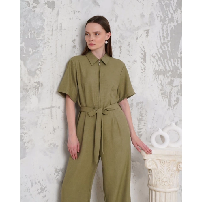 Kuşaklı gömlek yaka salaş tulum haki s255822