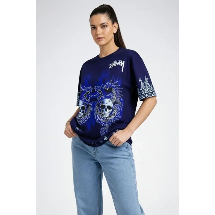 Lacivert Oversize Tişört Dragon - Kuru Kafa Baskılı Bisiklet Yaka T-Shirt - Lacivert