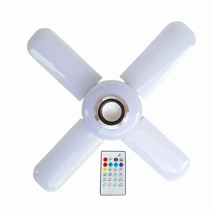 Lamba 4 Kanatlı E27 Duya Takılan Kumandalı Katlanabilir Led Müzik Lamba Işığı Avize Bluetooth Hoparlör (4940)