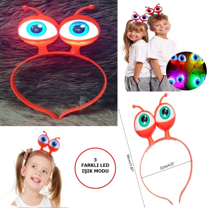 Led Işıklı &amp;amp; Pilli 3 Farklı Modda Yanan Uzaylı Göz Parti Tacı Kırmızı Renk 18x12 cm (4940)