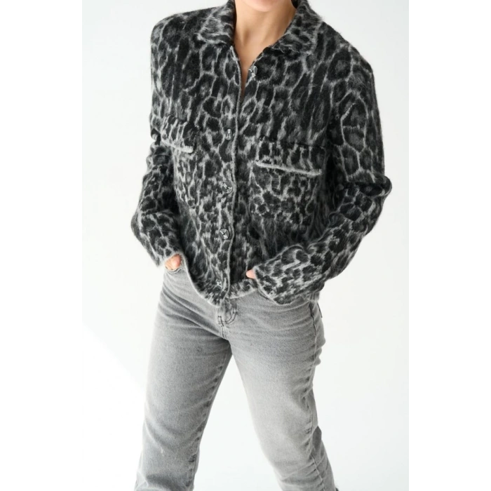 Leopar Desen Jakarlı Hırka - Siyah-Açık Gri
