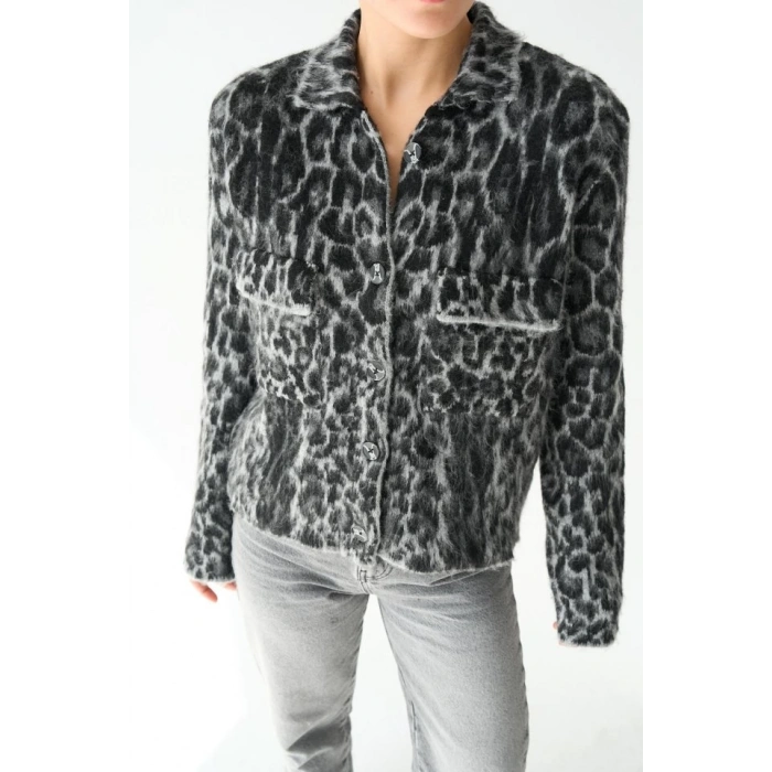 Leopar Desen Jakarlı Hırka - Siyah-Açık Gri