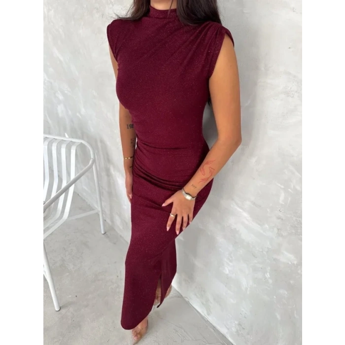 Likralı Simli Kumaş Yandan Yırtmaçlı Uzun Elbise Şık Kolsuz Abiye - Bordo