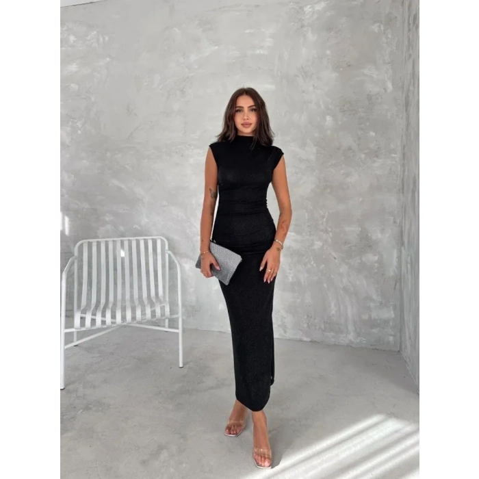 Likralı Simli Kumaş Yandan Yırtmaçlı Uzun Elbise Şık Kolsuz Abiye - Siyah