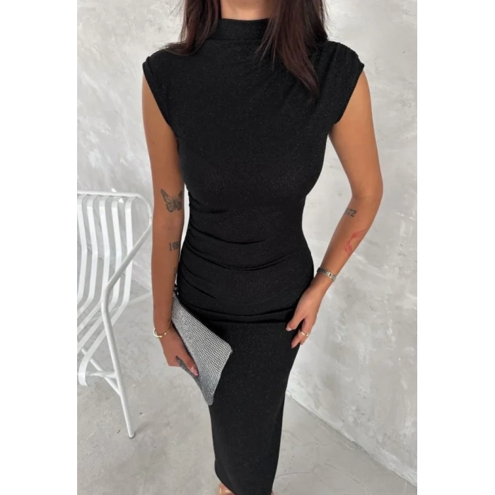 Likralı Simli Kumaş Yandan Yırtmaçlı Uzun Elbise Şık Kolsuz Abiye - Siyah