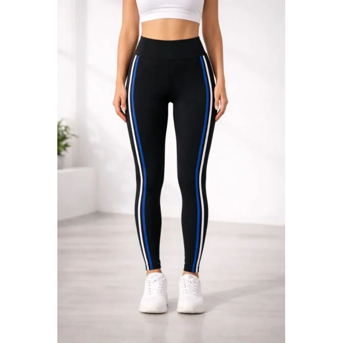 Likralı Yan Beyaz Mavi Şeritli Detaylı Tayt - Siyah