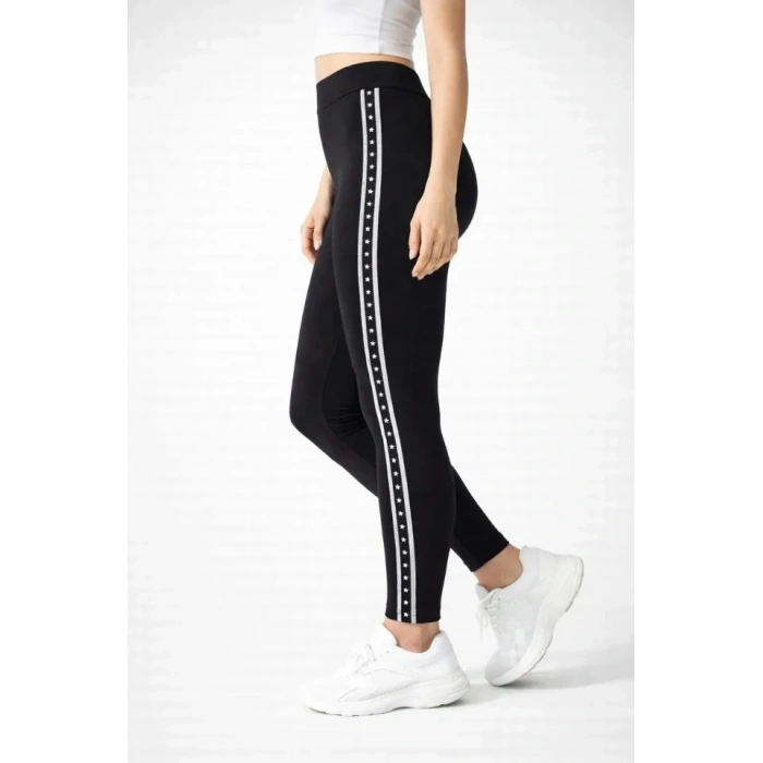 Likralı Yan Yıldız Şeritli Detaylı Tayt - Siyah