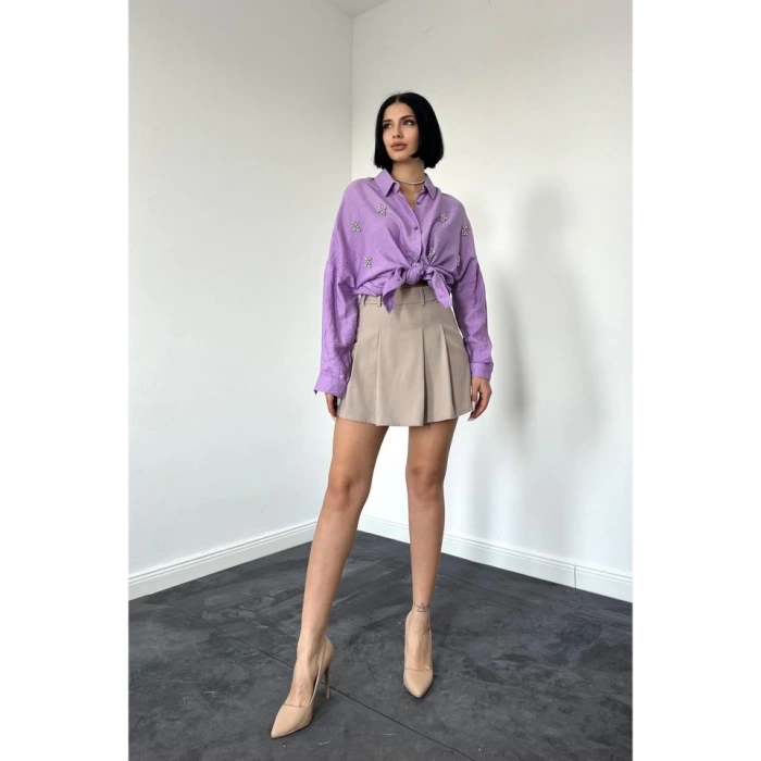 Lila Kristal Taşlı Gömlek