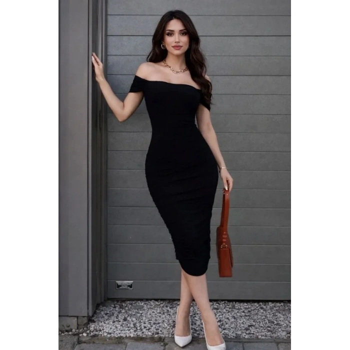 Madonna Yaka Drapeli Midi Elbise Likralı Vücuda Oturan Davet Elbisesi - Siyah