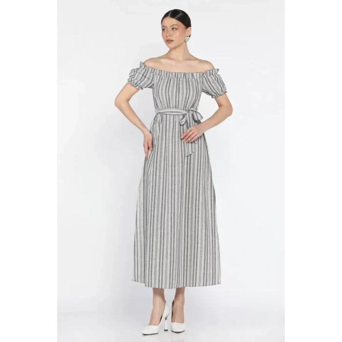 Madonna yaka midi yırtmaçlı kuşaklı keten elbise